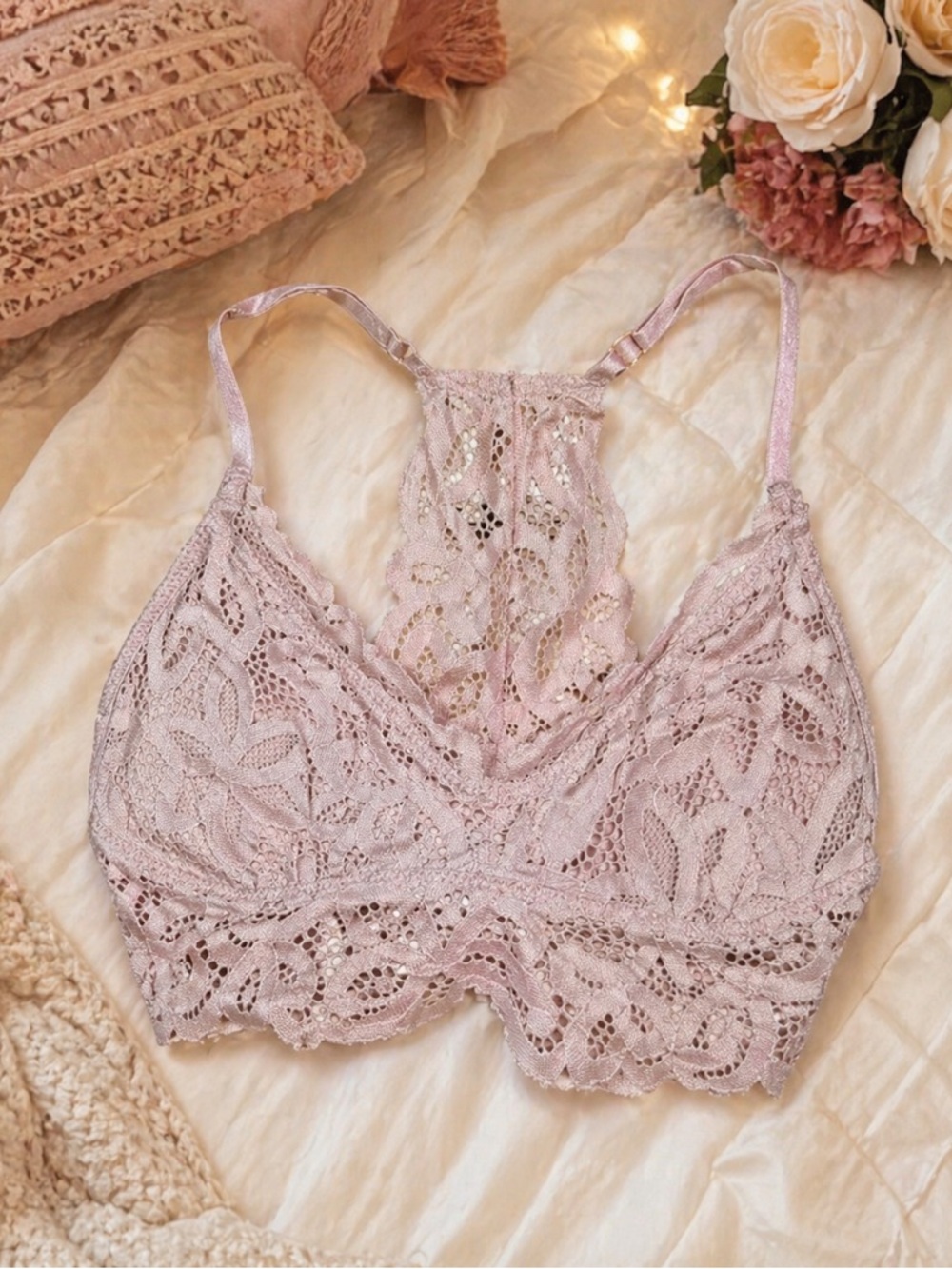 Blush Pink Lace Racerback Bralette Size Small | Padded Wireless Floral Lace